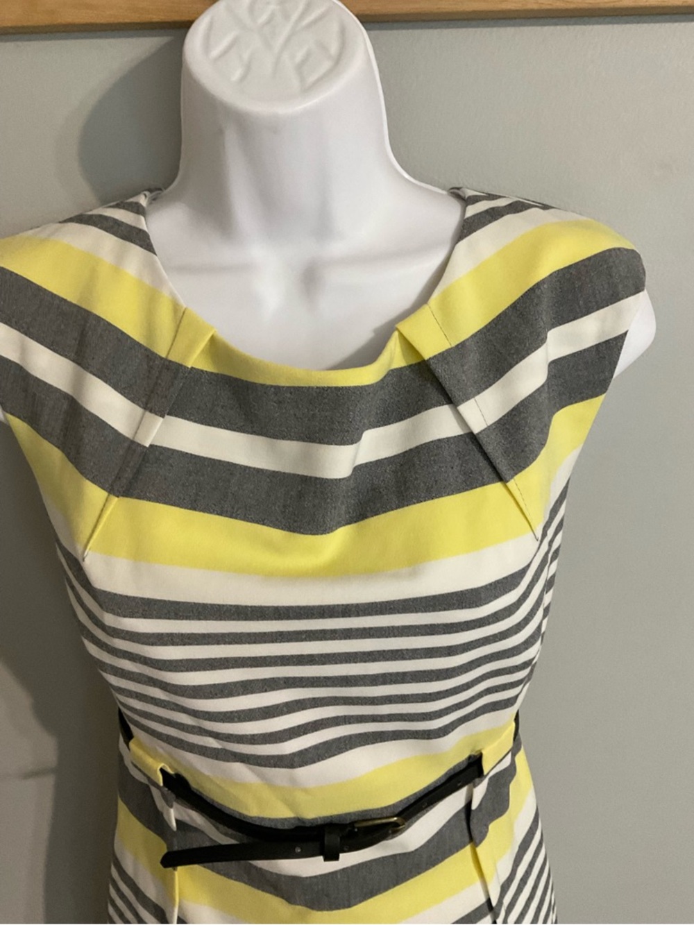 Calvin Klein Yellow, Gray and White Striped Sheath Dress with Belt Size 12 - Picture 4 of 8
